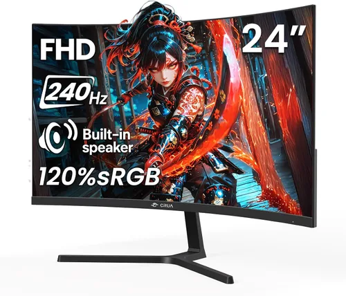 Vista 2 de CRUA - Monitor de juegos curvo de 24", 240Hz, FHD 1920 x 1080P, compatible con 120% sRGB, AMD FreeSync, bajo desenfoque de movimiento, compatible