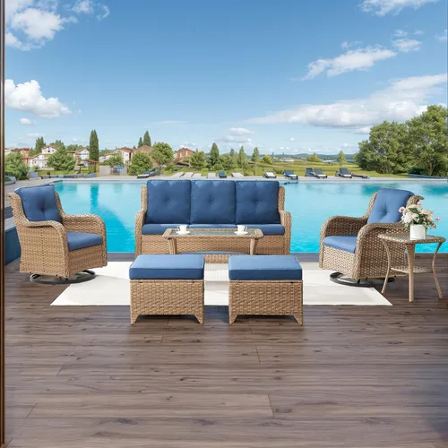 Vista 16 de HUMMUH Juego de 2 Sillas Giratorias Mecedoras de Mimbre para Patio Exterior, Juego de Muebles de Sillas Mecedoras de Ratán (Marrón, Azul) 50,000