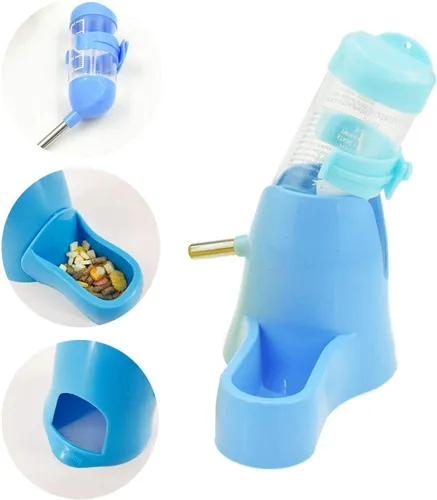 Vista 2 de Botella de agua de hámster 3 en 1 + rueda de ejercicio con platillo volador para hámster enano, ratón, erizo (azul)