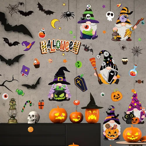Vista 7 de Whaline Decoración de pared de gnomo de Halloween, gnomo, murciélago, araña, calabaza, calcomanías de pared, lindas calcomanías de arte extraíbles