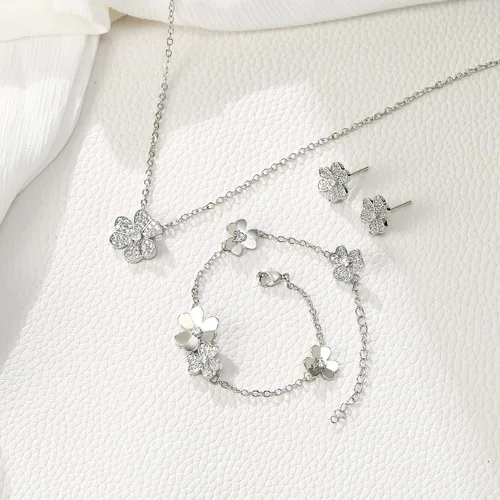 Vista 4 de EleQueen Rose Flower Necklace Earrings Bracelet Set 14K Green Rose Gold Plated Hypoallergenic Jewelry Sets Gift for Women Girls