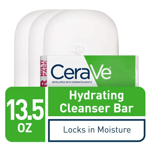 Vista 2 de Barra de Limpieza Hidratante CeraVe, Limpiador Corporal y Facial Sin Jabón con 5% Crema Hidratante, Sin Fragancia, Paquete de 3, 4.5 Onzas Cada Una