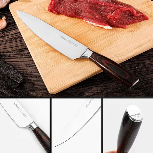 Vista 6 de Cuchillo de chef profesional de 8 pulgadas, cuchillo de cocina de acero de alto carbono, ultra afilado, con mango de madera sólida, caja de regalo