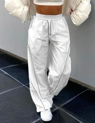 Vista 2 de Pantalones de paracaídas de verano para mujer, pantalones deportivos Y2K con bolsillos, cintura alta elástica, pantalones cargo deportivos casuales