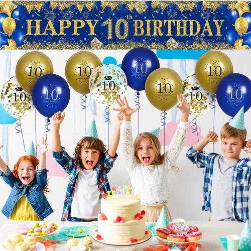 Vista 6 de Decoraciones de cumpleaños número 10 para niños pequeños, niños y niñas, azul marino y dorado, pancarta de fiesta de feliz cumpleaños de 18 piezas