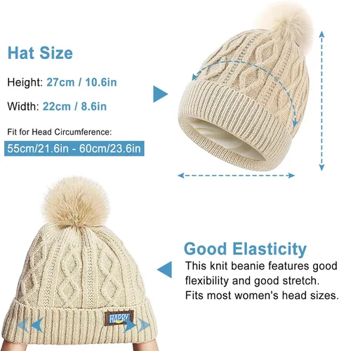 Vista 5 de LBTING Gorro de invierno para mujer, cálido forro polar de punto suave con pompón para clima frío