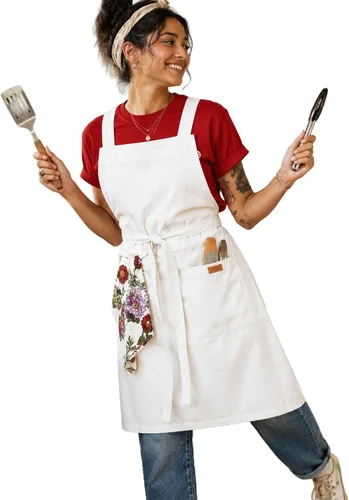 Vista 17 de Delantal de cocina 100% algodón con 2 bolsillos, delantal de chef ajustable para cocinar, hornear barbacoa, delantal unisex