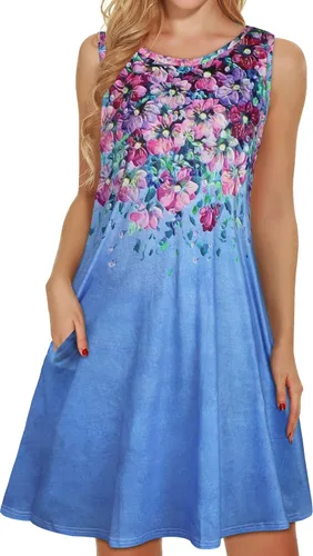 Vista 44 de elescat Vestidos de verano para mujer 2025, vestido casual de playa sin mangas con estampado floral, tipo camiseta, suelto y con bolsillos
