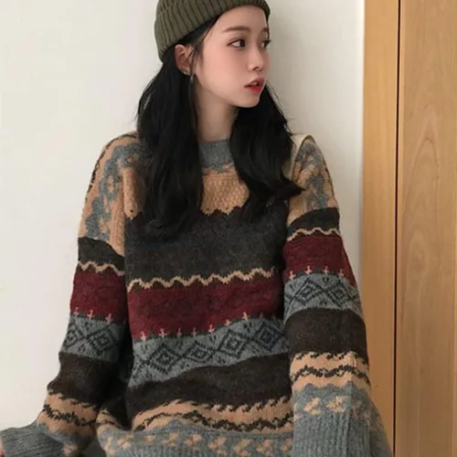 Vista 2 de Suéter de punto con estampado de rayas para mujer, estilo Y2K, para invierno, cálido, grunge, cuello redondo, tejido para abuelo, ropa Emo Alt