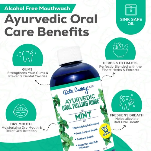 Vista 3 de Dale Audrey Aceite de sésamo orgánico ayurvédico para dientes y encías con sabor a menta, enjuague bucal orgánico y polvo remineralizante
