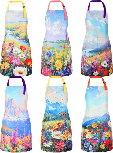 Vista 17 de Bencailor 6 delantales de cocina de verano con bolsillos, diseño de flores, gallo, abeja, mariposa, girasol, delantales de verano a granel