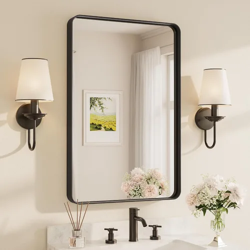Vista 34 de Espejo de marco dorado cepillado de 16 x 24 pulgadas, espejo de tocador de baño de latón dorado para pared, espejo enmarcado rectangular de esquina