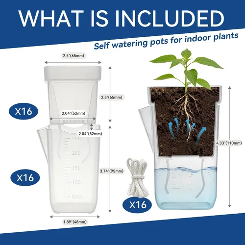 Vista 2 de Paquete de 16 macetas medianas de riego automático de 2.5 pulgadas para plantas de interior, pequeñas macetas de plástico transparente, macetas