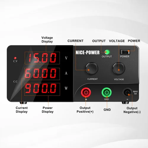 Vista 2 de NICE-POWER Fuente de alimentación de CC variable, fuente de alimentación de banco de alta potencia de 15V 60A 900W con perilla de codificador