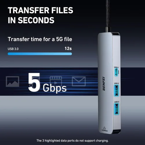 Vista 4 de BENFEI Hub USB C 6 en 1 con HDMI (4K a 60 Hz), 2 USB-A, 1 USB-C Datos, carga de 100 W, Gigabit Ethernet, cable de silicona sin enredos compatible
