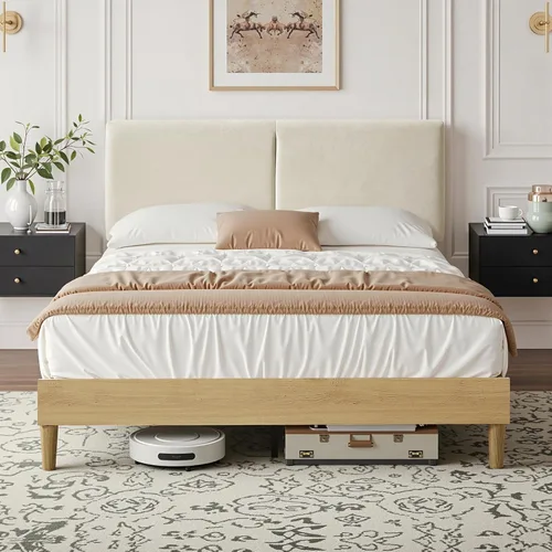 Vista 8 de VECELO Marco de cama tamaño individual tapizado, plataforma con cabecero de algodón y lino ajustable en altura, listones de madera de alta