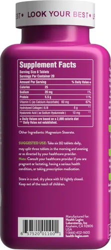 Vista 3 de Health Logics Youthful Collagen 6,000 mg Péptidos de colágeno tipo 1 y 3 con ácido hialurónico y vitamina C Colágeno antienvejecimiento