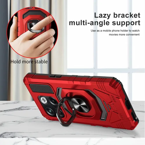 Vista 4 de Funda para OnePlus 10T 5G con protector de pantalla de vidrio templado, con soporte magnético para anillo de automóvil, funda resistente (rojo)