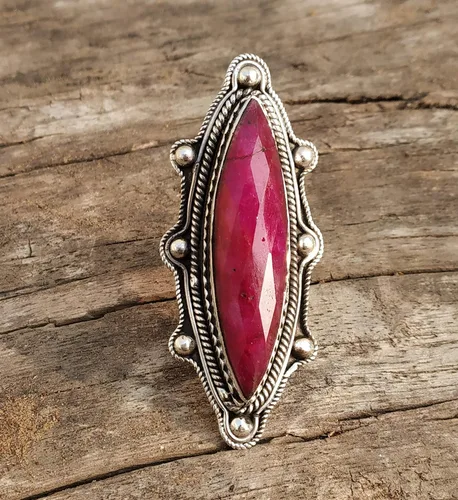 Vista 2 de Ruby Ring, Bohemian Jewelry, Long Ring, Eye Shape, Bridesmaids Gift, Promise Engagement Ring, 925 Sterling Silver Ring, Full Finger Jewelry