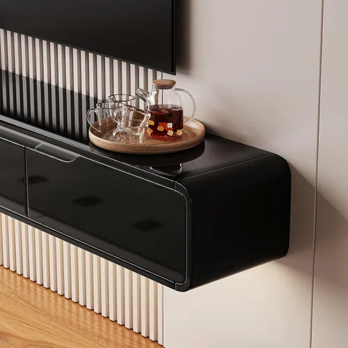 Vista 5 de FurniNova Soporte de TV flotante de alto brillo con 3 puertas, mueble de TV de 47'' montado en pared, consola bajo TV, estante de medios flotante