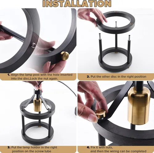 Vista 7 de MO&OK Juego de lámparas de araña de 3 luces vintage, lámparas colgantes de metal y madera estilo granja en negro, iluminación colgante de estructura