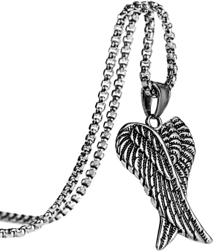 Vista 2 de Herinos Cadena de collar con colgante de acero inoxidable para hombres y mujeres, diseño de alas retro con diseño de calavera de plumas cruzadas