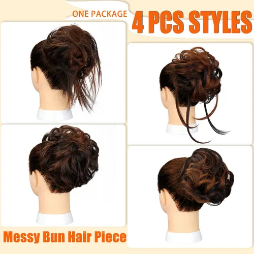 Vista 2 de 4 piezas de cabello desordenado con moño despeinado para mujer, extensión de cabello con banda de goma elástica, accesorios para el cabello para 4