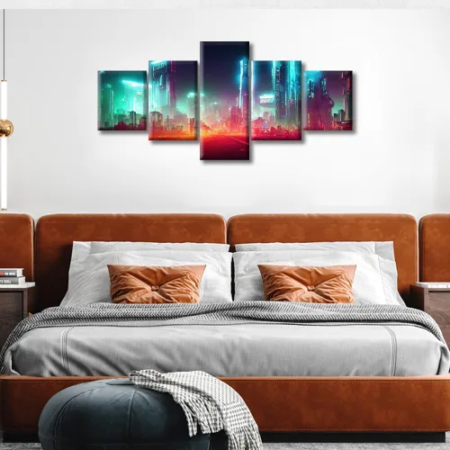 Vista 176 de Cuadros de 5 paneles de Cyberpunk City, arte de pared, representación de vallas publicitarias, edificios modernos en la capital con obras de arte