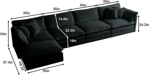 Vista 5 de Sofá modular modular en forma de U de 5 plazas convertible con otomana, sofá de nube, cama L para sala de estar, dormitorio, apartamento, color negro