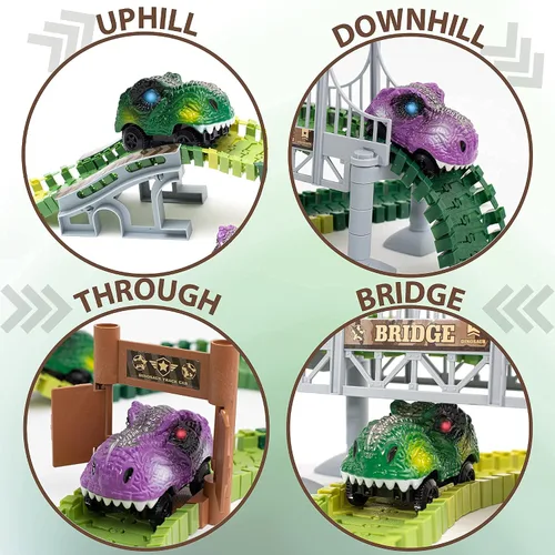 Vista 5 de TOYLI Juego de pista de carreras de dinosaurios de 182 piezas, pista de dinosaurio flexible con puente, rampas, juguete de pista de dinosaurios es