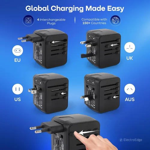 Vista 2 de Adaptador de viaje universal con puerto 3USBA + 1USBC, adaptador de viaje mundial todo en 1 Adaptador de enchufe europeo a Reino Unido Adaptador