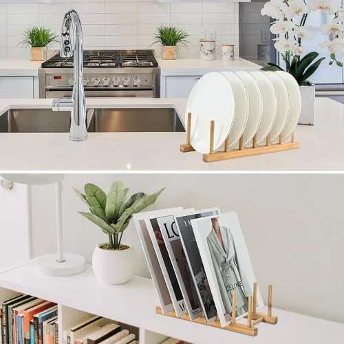 Vista 8 de Rejilla de secado con soporte de bambú, para organizar platos, sartén, cuenco, copa, libro, tapa de olla para gabinete de cocina o encimera