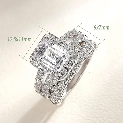 Vista 6 de Wuziwen Juego de anillos de compromiso de plata de ley de 4 quilates con corte esmeralda para mujer, talla 5-10