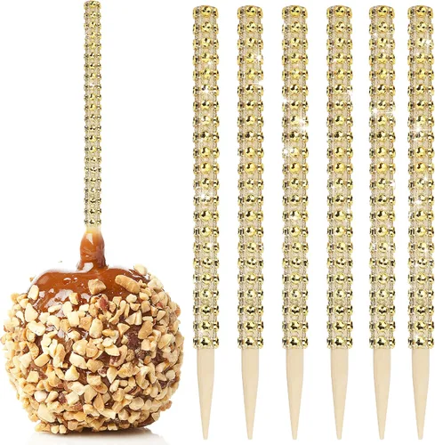 Vista 17 de 32 PIEZAS de Palitos de Manzana de Caramelo Brillantes de Bambú, Brochetas de Punta de Madera con Envoltura de Malla de Diamantes y Pedrería Negro