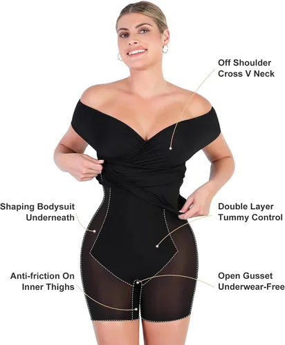 Vista 2 de Popilush Vestido moldeador con faja moldeadora integrada con hombros descubiertos, cuello en V, fruncido, entallado, vestido midi para fiesta, club