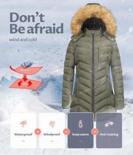 Vista 6 de CREATMO US Abrigo de invierno con capucha para mujer, impermeable, cálido, largo acolchado, parka