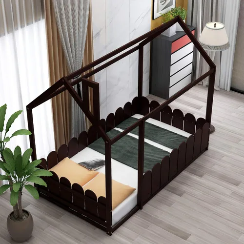 Vista 3 de Merax House Bed Twin Size Wood Bed Frame with Roof and Fence for Girls, Boys, Weight Capacity No Limit (Espresso)