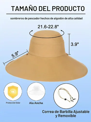 Vista 3 de Sun Hat for Women Wide Brim Reversible Double-Sided Cotton Fisherman Cap Caqui