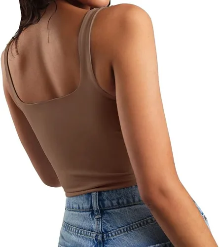 Vista 2 de Artfish - Camiseta corta casual y básica con tirantes delgados y cuello cuadrado, sin mangas, de doble capa, ombliguera para entrenamiento