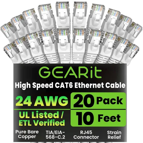 Vista 46 de GEARit Paquete de Cables Ethernet Cat 6 - Paquete de 20 Cables de Conexión Ethernet Cat6 de 1 pie Cable de Conexión de Red RJ45, Conectores