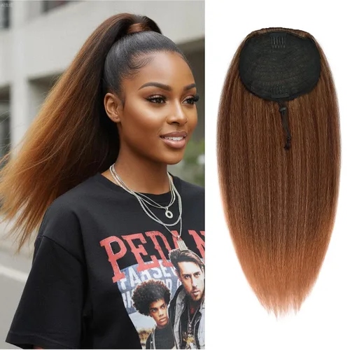 Vista 19 de Cola de caballo recta Yaki de 12 pulgadas con cordón para mujeres negras, sintética, gruesa, recta, longitud del hombro, extensión de cola