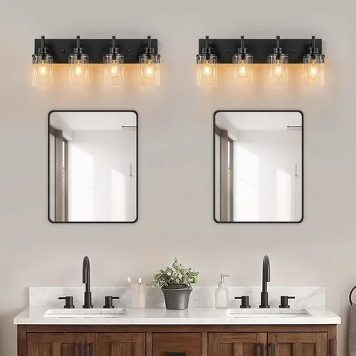Vista 2 de GoYeel Lámparas de baño sobre espejo, luz negra mate, 4 luces, aplique de pared, lámpara de baño de casa de campo con pantalla de vidrio