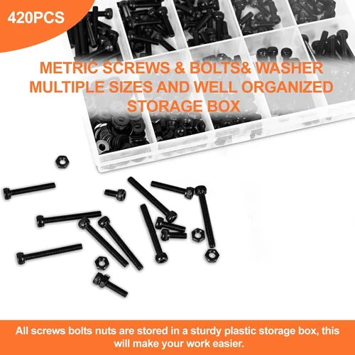 Vista 3 de Juego de 420 tornillos M3, pernos M3 prémium para impresión 3D, surtido de tornillos de cabeza hexagonal con tuercas y arandelas, M3 x 0.236 in