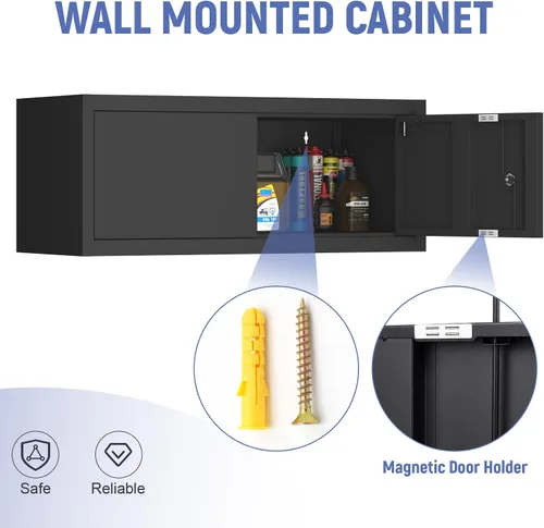 Vista 5 de Armarios de almacenamiento negros montados en la pared, gabinete superior de 12.8 pulgadas de alto para el hogar, gabinetes de metal con puertas