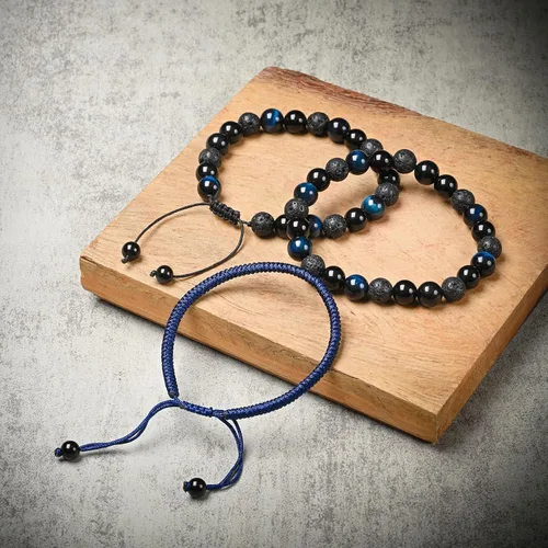 Vista 27 de SAMXY Triple Protection Bracelet, 8mm Healing Crystal Bead Bracelet, 3pcs Blue Red Tiger's Eye Obsidian Hematite Bracelet Women Men