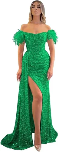 Vista 33 de Vestidos de fiesta de lentejuelas con hombros descubiertos, vestido formal de sirena brillante, vestido largo de fiesta de noche con abertura