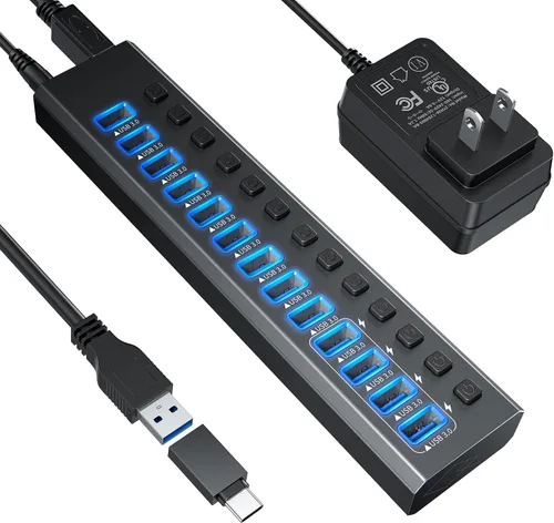 Vista 7 de Hub USB alimentado 3.0, Leinsis Hub USB 3.0 de 10 puertos [aluminio duradero] 10 puertos de transferencia de datos + 4 puertos de carga inteligente