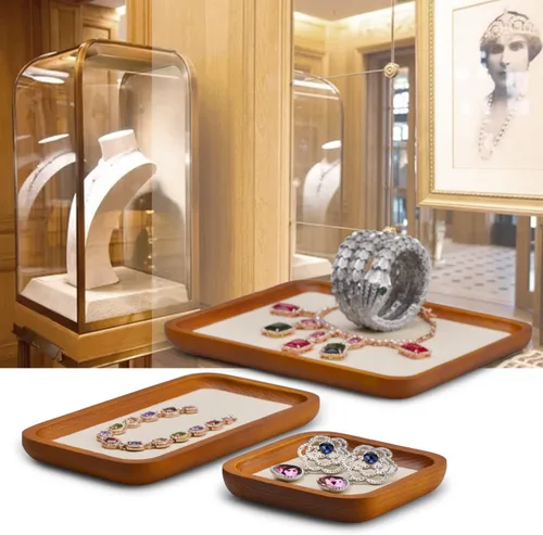 Vista 3 de Oirlv - Bandeja de exhibición de joyas de madera maciza, organizador Blanco crema
