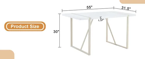 Vista 8 de Mesa de comedor rectangular industrial estilo crema para 4 6 personas con parte superior de 1.5 pulgadas de grosor y patas de metal blanco e