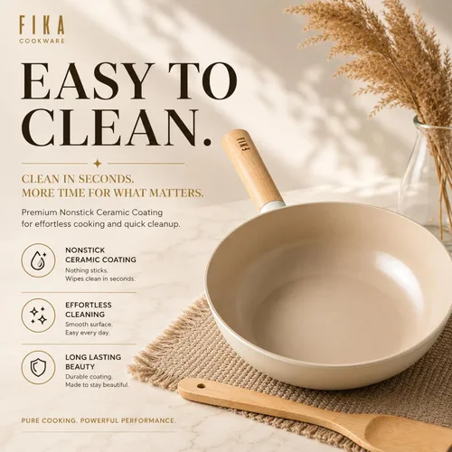 Vista 8 de FIKA - Sartén para wok con revestimiento de cerámica antiadherente de 10 pulgadas con mango de madera natural, compatible con inducción, sartén